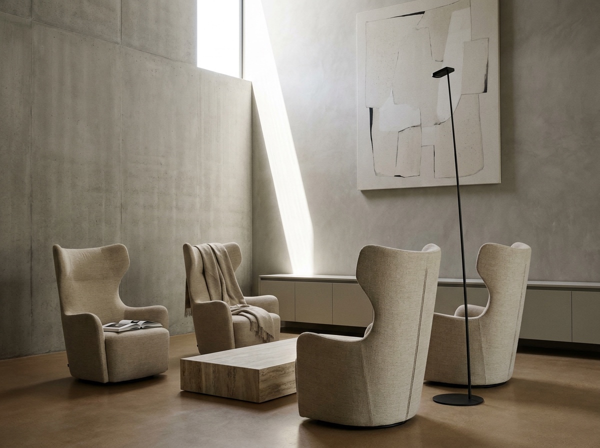 A double-height modern living room with tall lounge chairs, a high floor lamp, and artwork scaled to the upper wall volume.