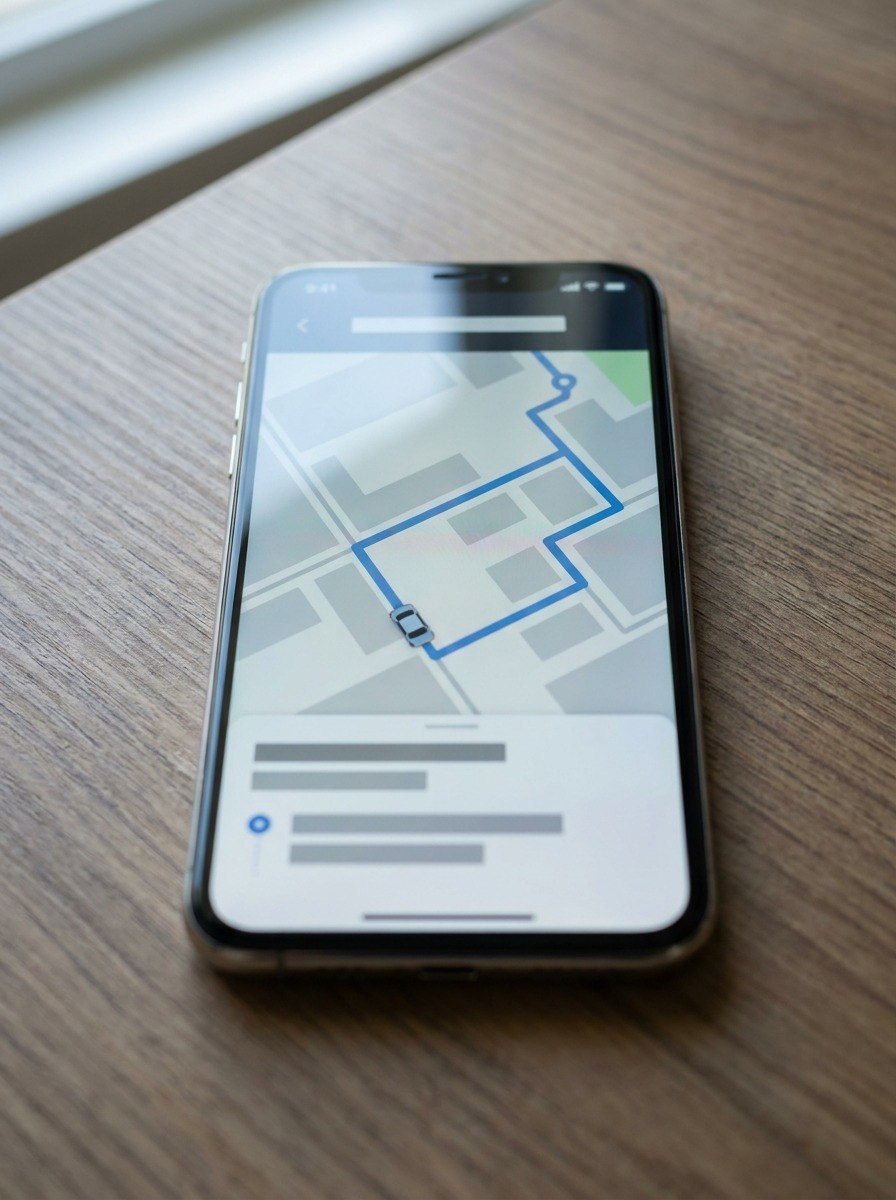 Delivery ETA tracking map on a smartphone A smartphone showing a delivery ETA tracking map on a wooden table. | Sky Rye Design A smartphone showing a delivery ETA tracking map on a wooden table.