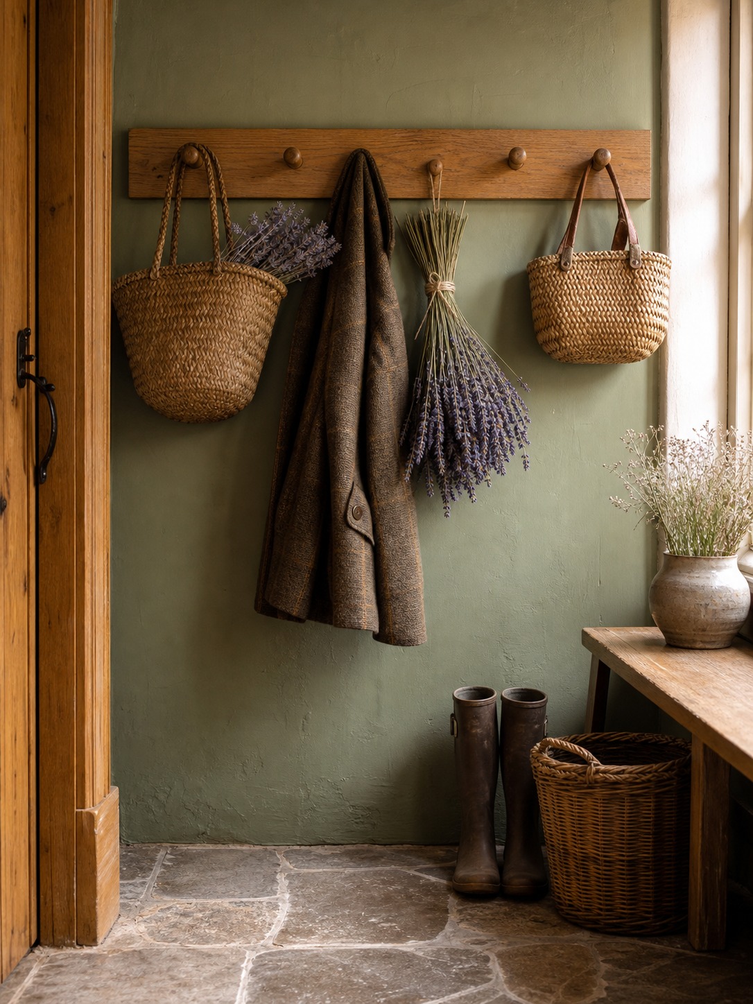 Cottage entryway with oak peg rail woven baskets wool coat dried lavender sage wall and flagstone floor Cottage entryway with oak peg rail, woven baskets, wool coat, dried lavender, sage wall, and flagstone floor. | Sky Rye Design Cottage entryway with oak peg rail, woven baskets, wool coat, dried lavender, sage wall, and flagstone floor.