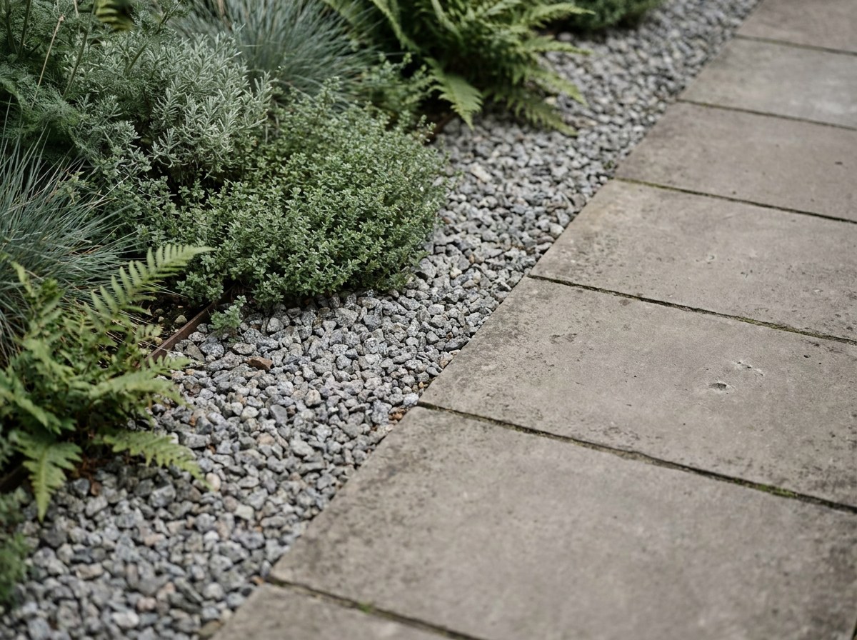 04-gravel-paver-transition-detail Close-up of a gravel band transitioning into a paver path with planting spilling over the edge | Sky Rye Design Close-up of a gravel band transitioning into a paver path with planting spilling over the edge