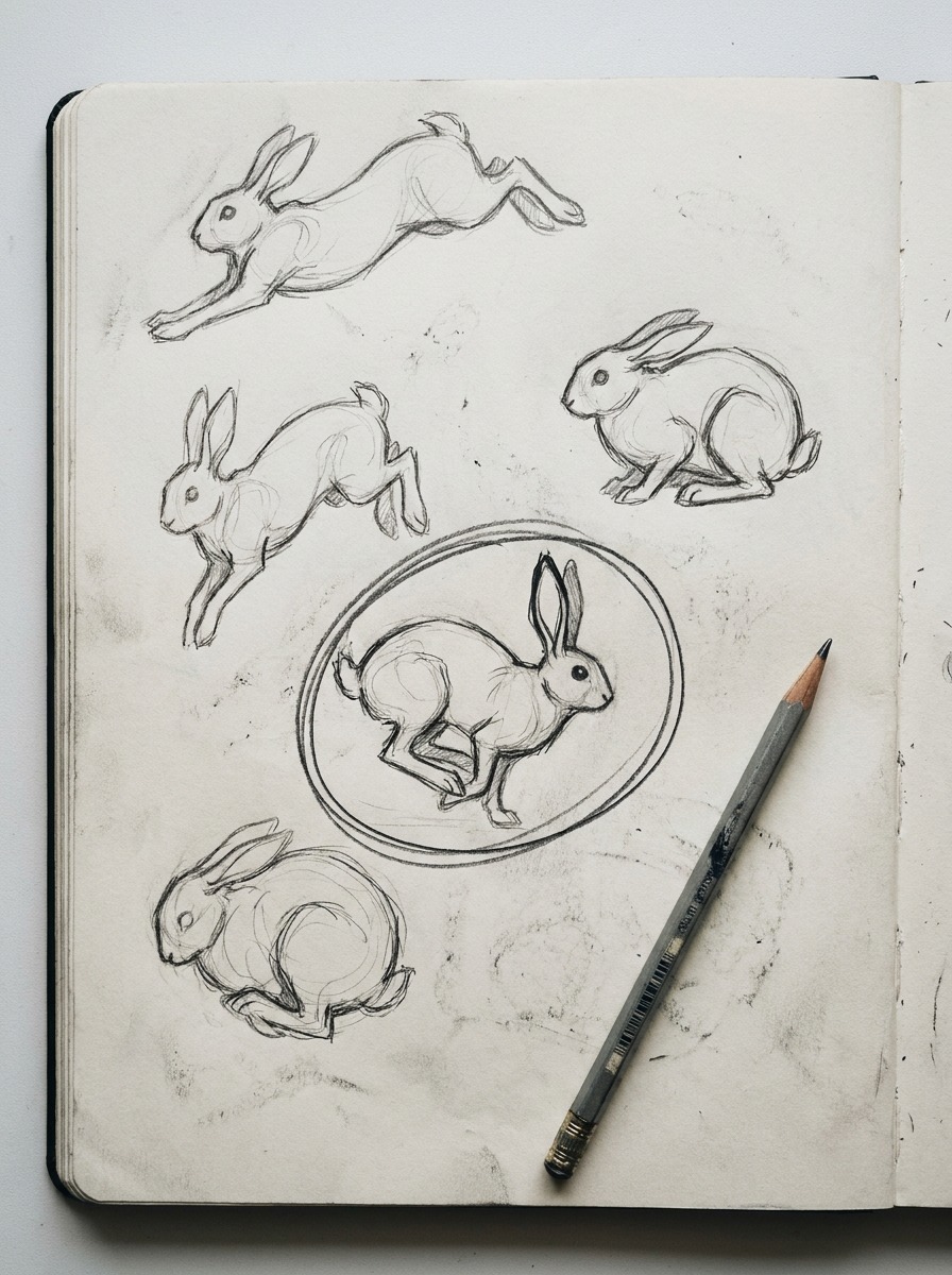 Rabbit gesture line warm-up sheet Loose rabbit gesture line studies on a sketchbook page with one pose selected for development. | Sky Rye Design Loose rabbit gesture line studies on a sketchbook page with one pose selected for development.