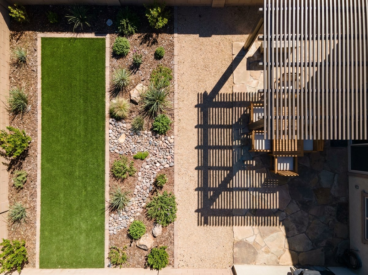 05-aerial-view-zoned-low-maintenance-yard Straight-down drone view of a backyard divided into a turf play strip, xeriscape bed, gravel path and shaded seating area | Sky Rye Design Straight-down drone view of a backyard divided into a turf play strip, xeriscape bed, gravel path and shaded seating area