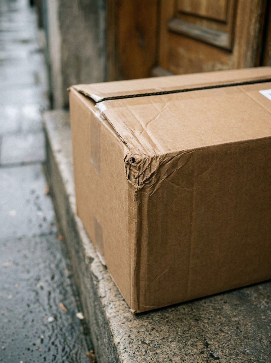 Crushed corner on a delivery box A close-up of a slightly crushed cardboard shipping box corner on a doorstep. | Sky Rye Design A close-up of a slightly crushed cardboard shipping box corner on a doorstep.