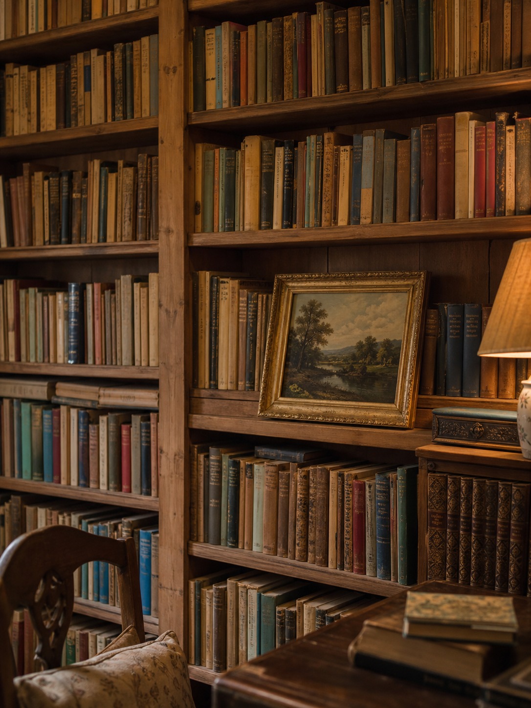Floor-to-ceiling English cottage bookshelf with worn books aged pine shelves and a small gilt-framed landscape painting Floor-to-ceiling English cottage bookshelf with worn books, aged pine shelves, and a small gilt-framed landscape painting. | Sky Rye Design Floor-to-ceiling English cottage bookshelf with worn books, aged pine shelves, and a small gilt-framed landscape painting.