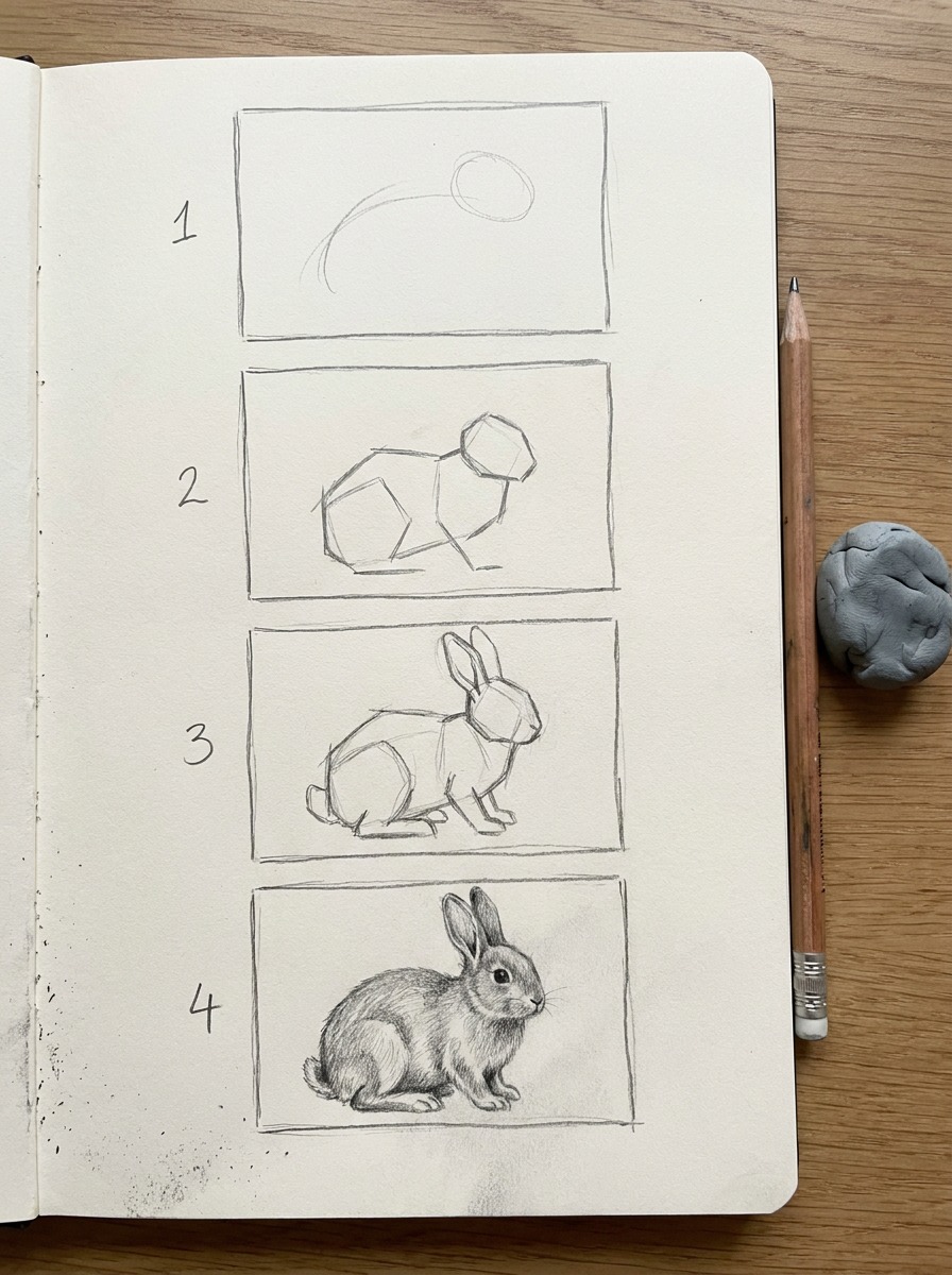 Four-step bunny construction sequence A four-stage bunny drawing sequence from gesture line to blocked masses, details, and shading. | Sky Rye Design A four-stage bunny drawing sequence from gesture line to blocked masses, details, and shading.