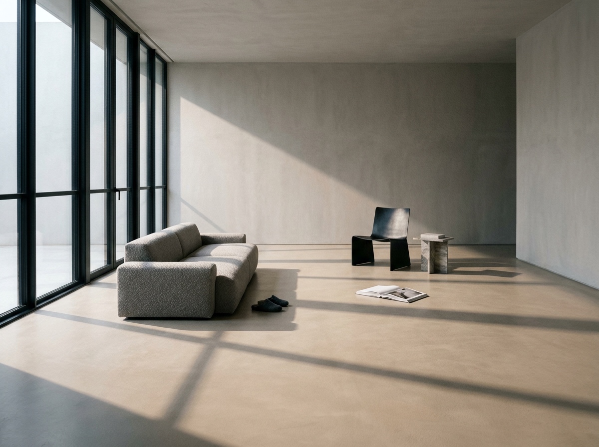 A sparse ultra-modern room where a low sofa and sculptural chair sit apart on a broad microcement floor with clear walking space around them.