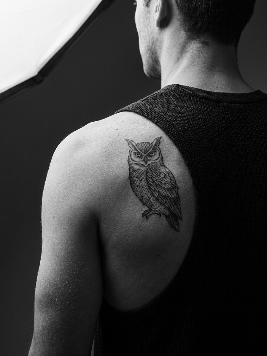 Detailed owl tattoo on a man's shoulder blade.