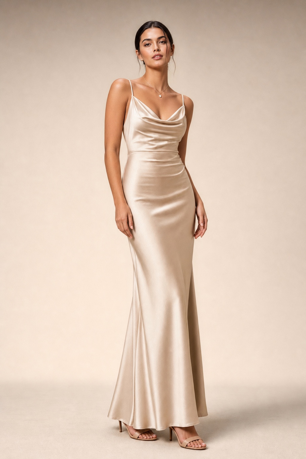Champagne satin evening gown in studio Adult model wearing a champagne satin evening gown against a pale beige studio backdrop | Sky Rye Design Adult model wearing a champagne satin evening gown against a pale beige studio backdrop