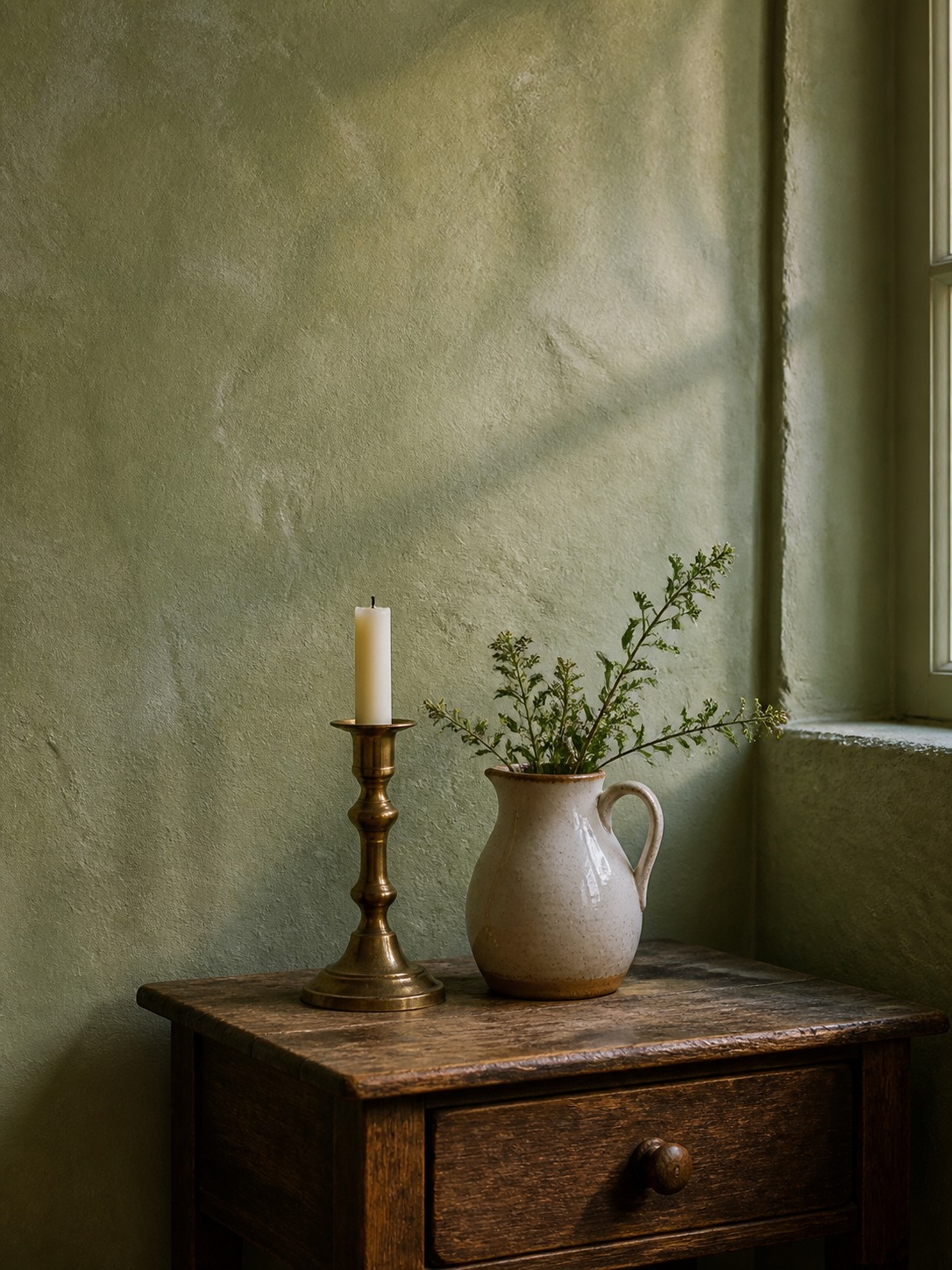 Sage green lime-washed cottage wall with cloudy plaster texture antique side table brass candlestick and ceramic jug Sage green lime-washed cottage wall with cloudy plaster texture, antique side table, brass candlestick, and ceramic jug. | Sky Rye Design Sage green lime-washed cottage wall with cloudy plaster texture, antique side table, brass candlestick, and ceramic jug.