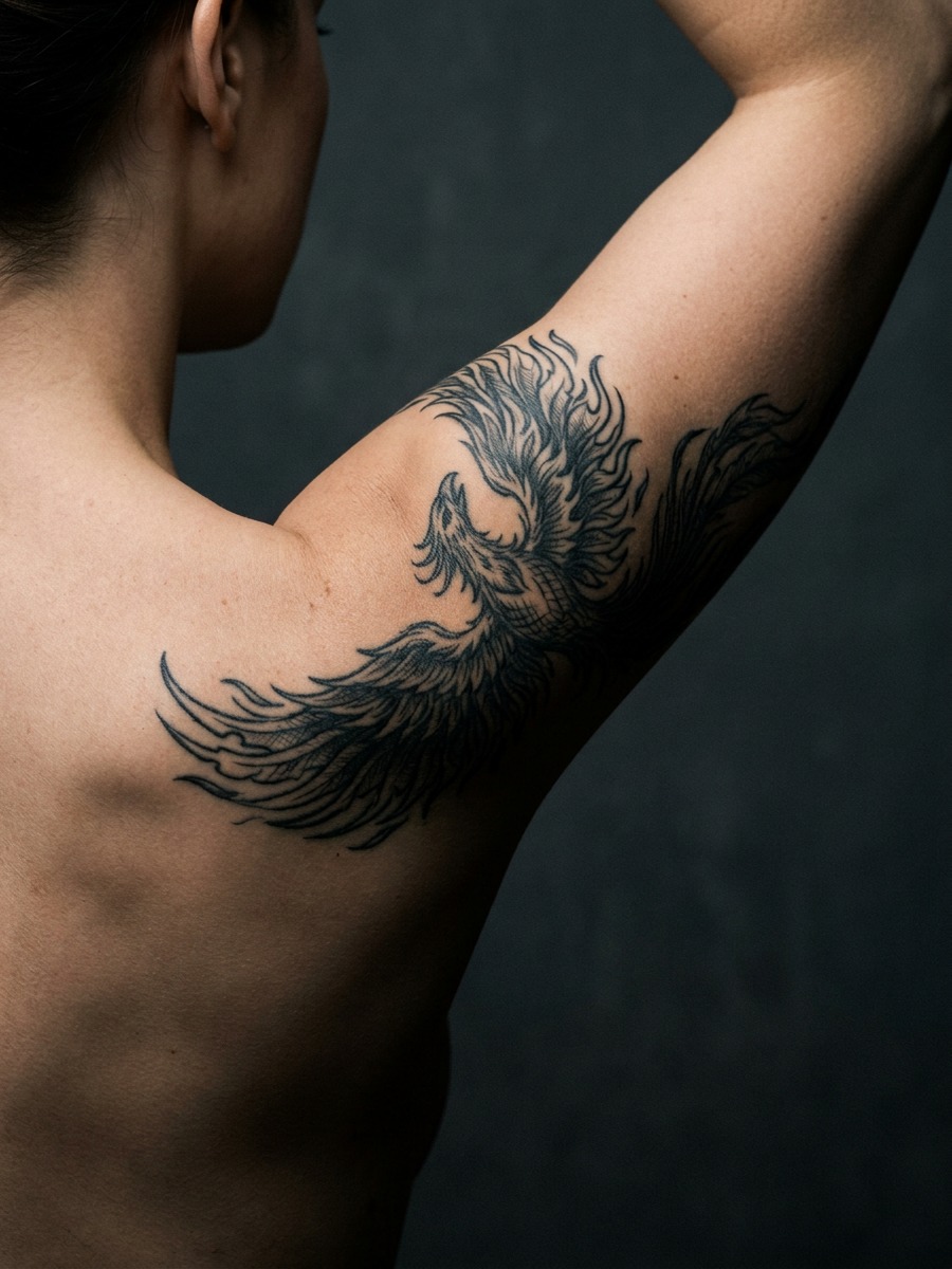 Phoenix rising on a woman's shoulder and upper arm.