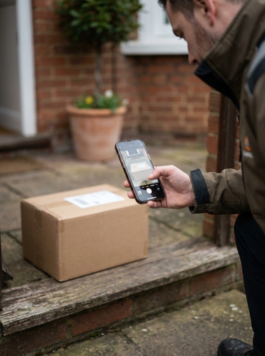 Proof of delivery photo on a doorstep A delivery driver photographing a package on a doorstep for proof of delivery. | Sky Rye Design A delivery driver photographing a package on a doorstep for proof of delivery.