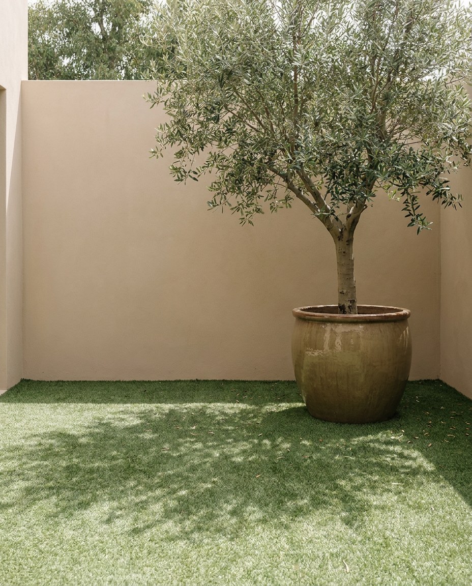 06-small-courtyard-synthetic-turf Small enclosed courtyard with synthetic turf floor, a rendered wall and a feature tree in a large planter | Sky Rye Design Small enclosed courtyard with synthetic turf floor, a rendered wall and a feature tree in a large planter