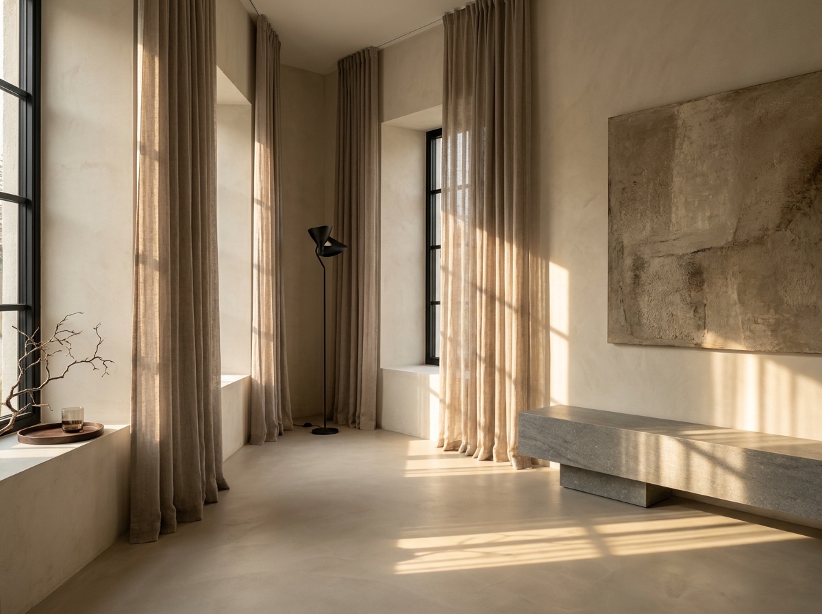 Floor-to-ceiling linen curtains mounted at the ceiling line above blackened-steel windows in a modern microcement room.