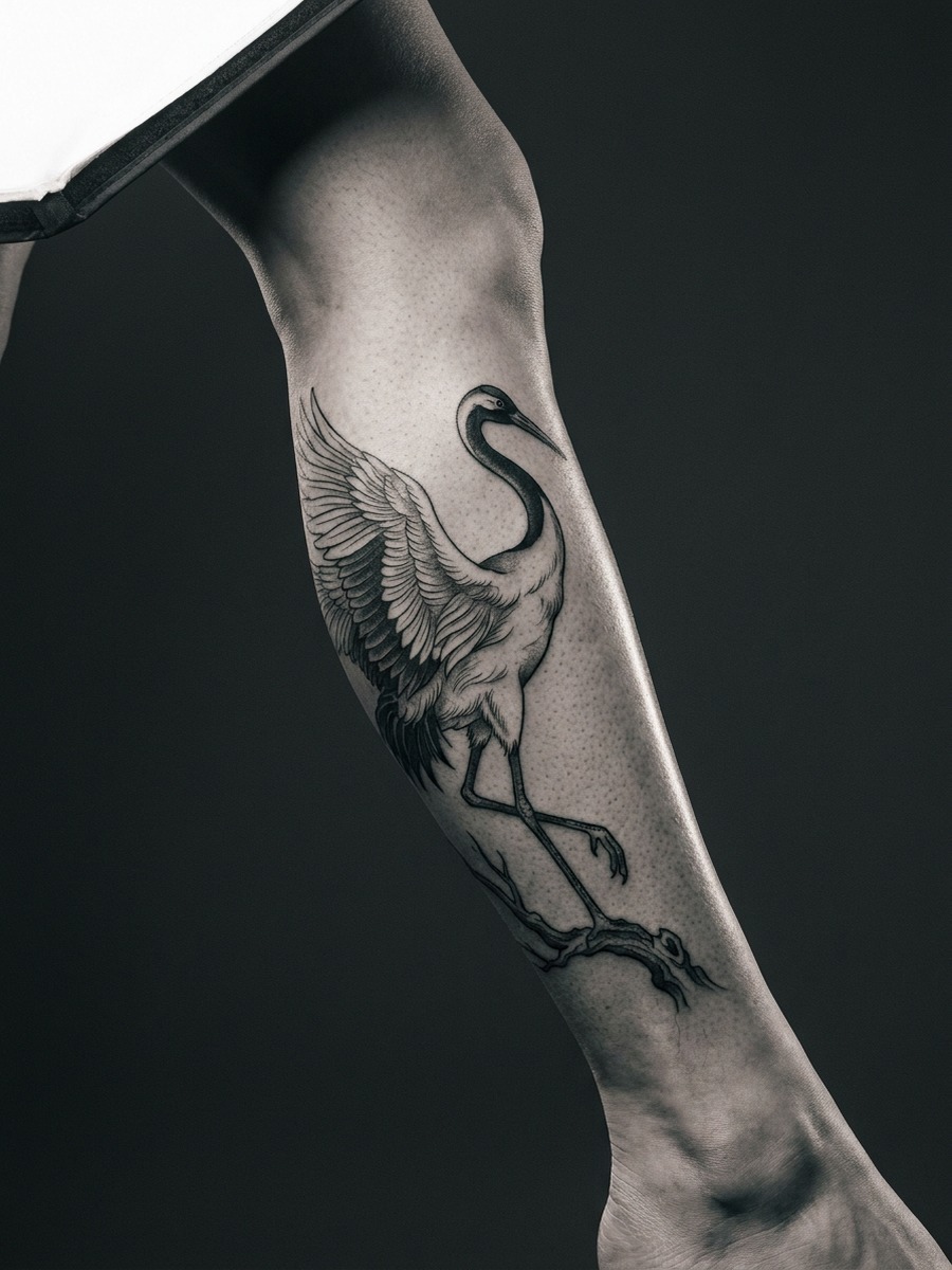 Japanese-style crane on a woman's calf.
