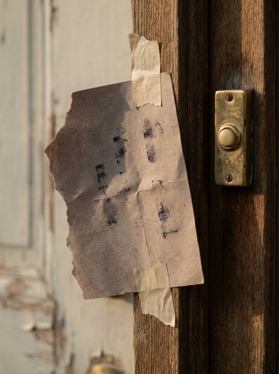 Blank delivery note near a doorbell A blank weathered delivery note taped near a doorbell. | Sky Rye Design A blank weathered delivery note taped near a doorbell.