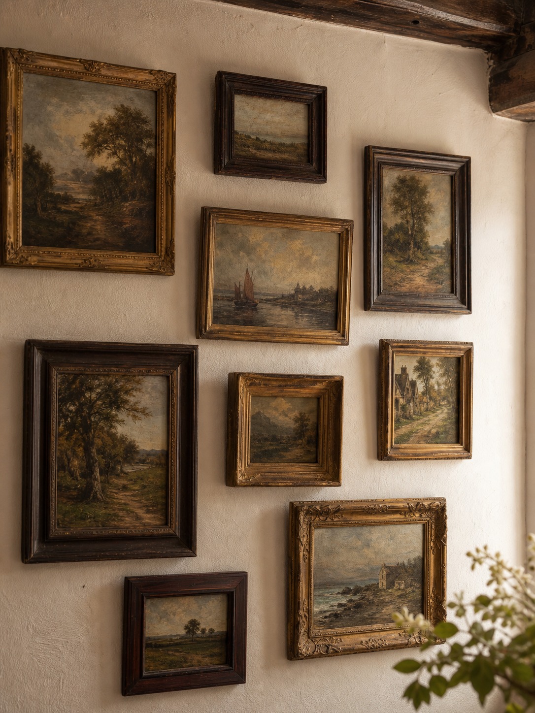 English cottage gallery wall with small antique oil paintings in mismatched gilt and wooden frames on cream plaster English cottage gallery wall with small antique oil paintings in mismatched gilt and wooden frames on cream plaster. | Sky Rye Design English cottage gallery wall with small antique oil paintings in mismatched gilt and wooden frames on cream plaster.