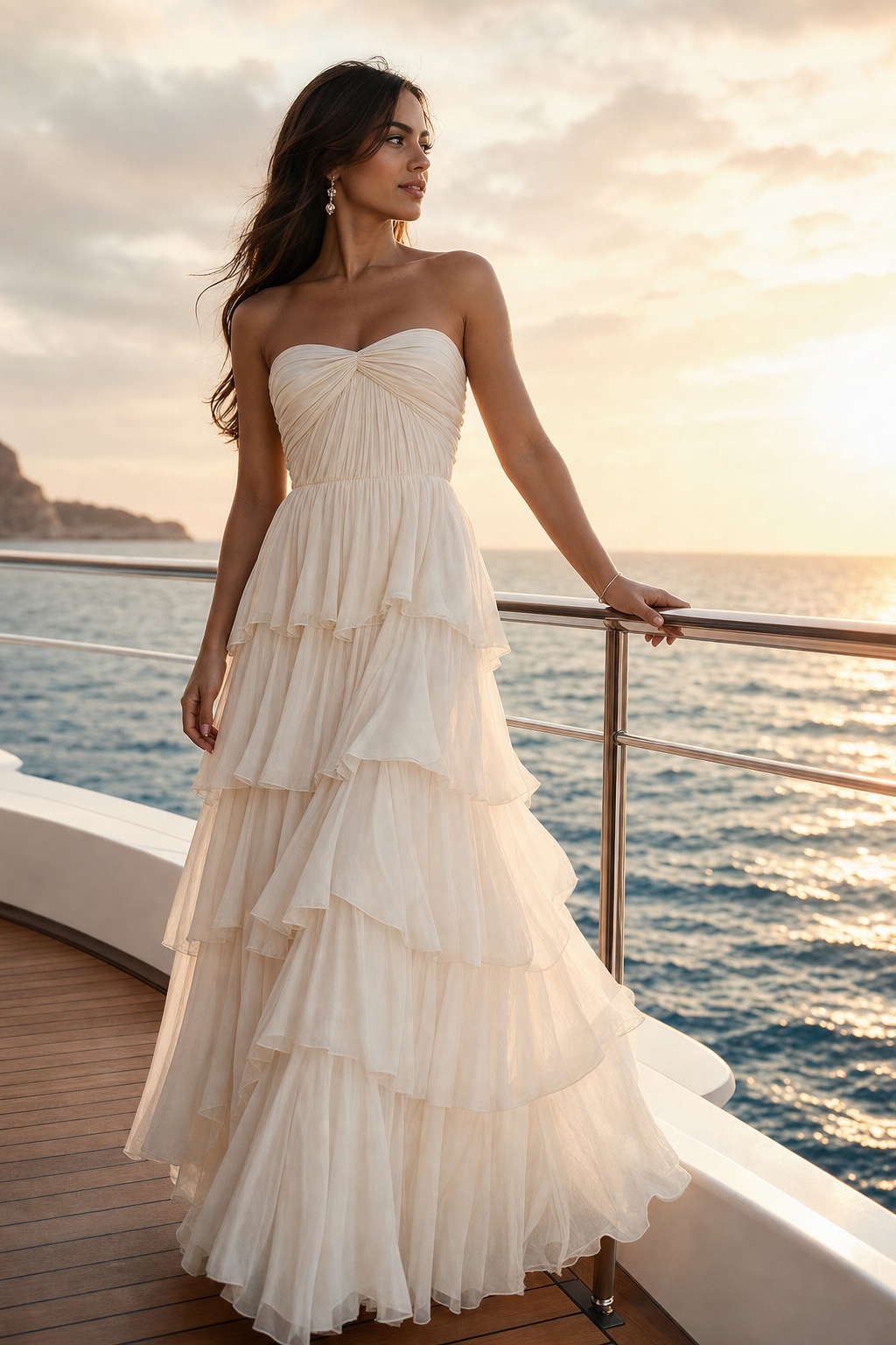 Ivory tiered chiffon maxi dress on a yacht Adult model wearing an ivory tiered chiffon maxi dress on a yacht at sunset | Sky Rye Design Adult model wearing an ivory tiered chiffon maxi dress on a yacht at sunset