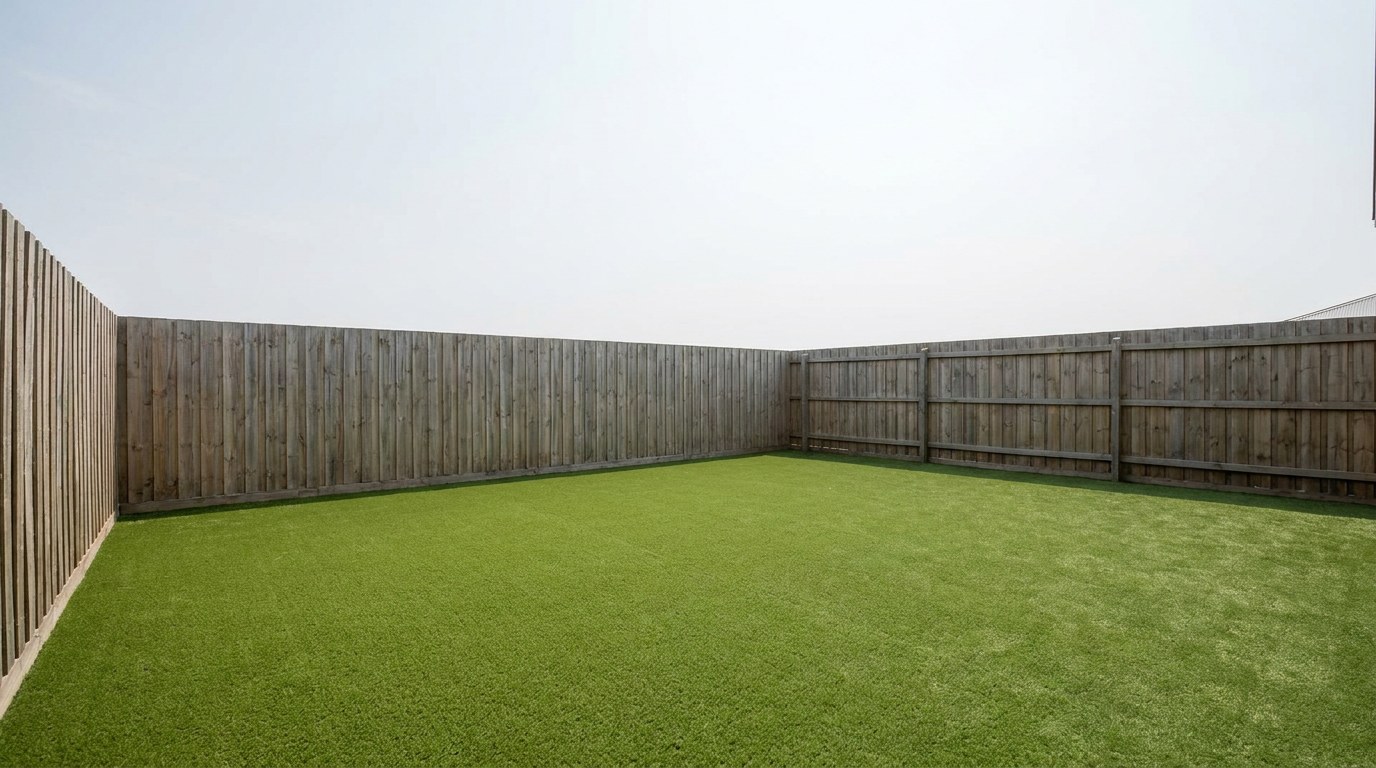 07-poorly-designed-wall-to-wall-turf Backyard covered entirely in synthetic turf with no planting or material variation, bordered only by a plain fence | Sky Rye Design Backyard covered entirely in synthetic turf with no planting or material variation, bordered only by a plain fence