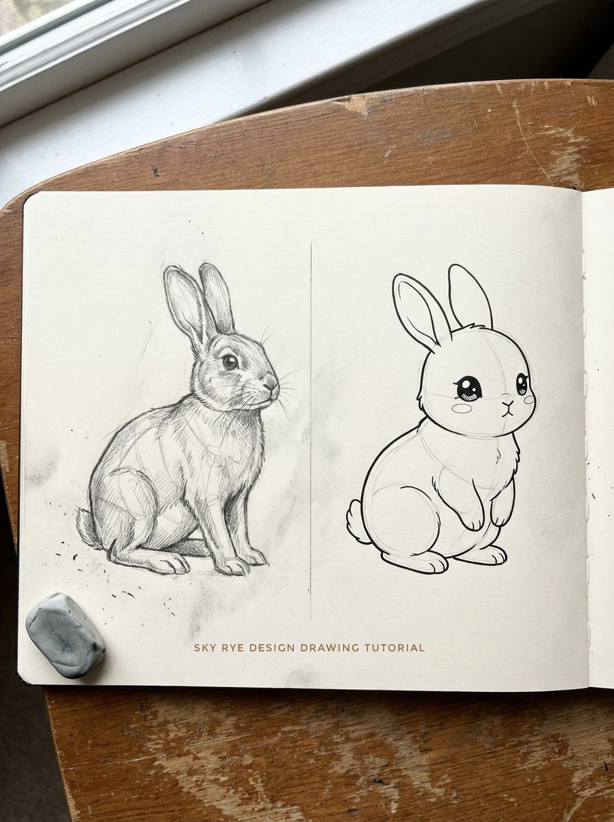 Realistic and kawaii bunny drawings from the same structure Side-by-side realistic and kawaii bunny drawings built from the same gesture and mass structure. | Sky Rye Design Side-by-side realistic and kawaii bunny drawings built from the same gesture and mass structure.
