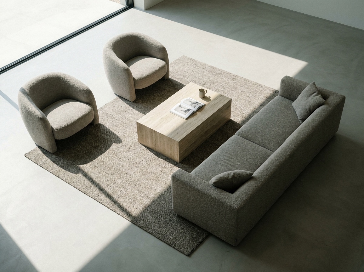 A generously sized rug anchoring the sofa and sculptural armchairs in one unified modern seating group.