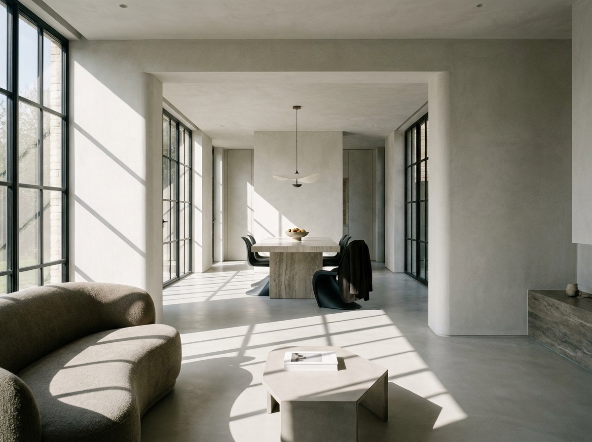 A continuous sightline through a wide doorway from a sculptural living room into a proportionally matched dining room.