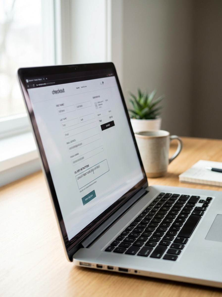 Checkout delivery instructions field A laptop checkout form with a delivery instructions field being filled in. | Sky Rye Design A laptop checkout form with a delivery instructions field being filled in.