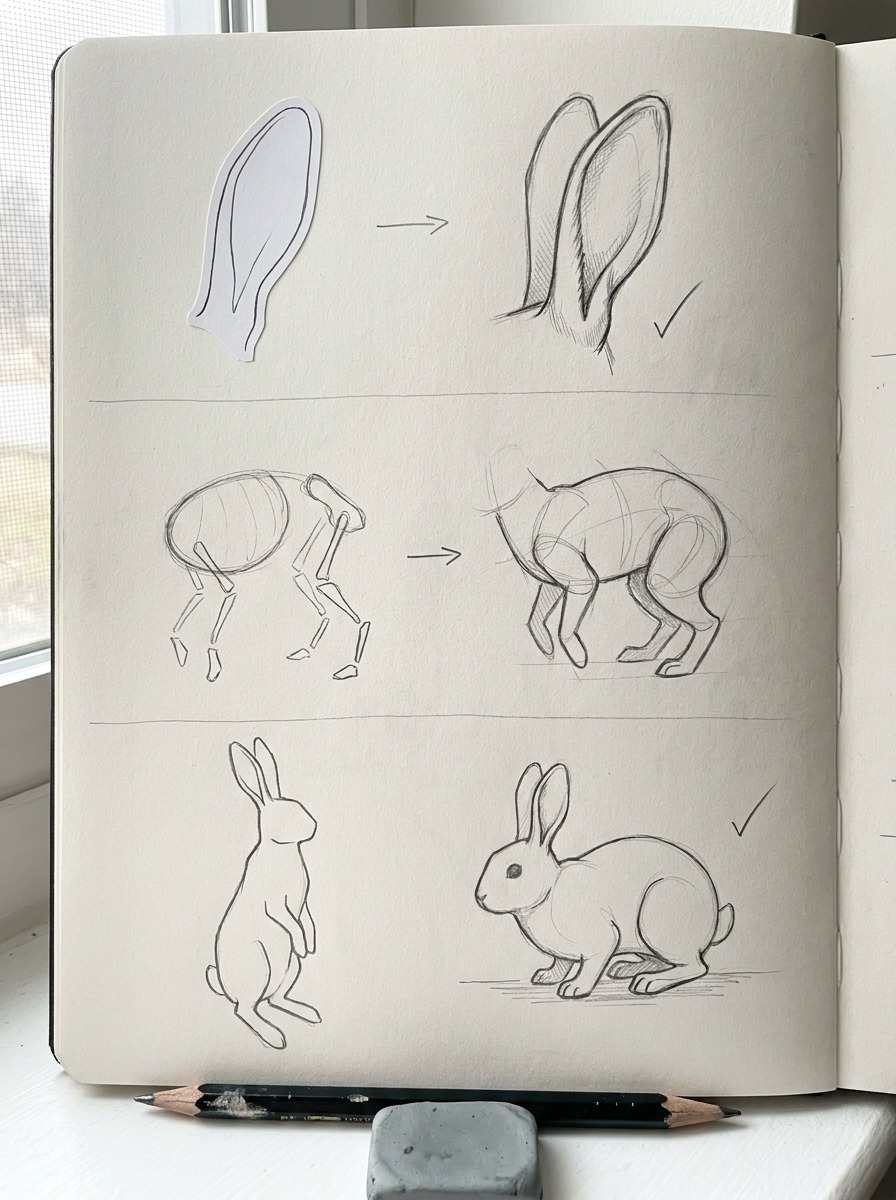 Common bunny drawing mistakes and fixes Paired bunny sketches showing flat ears, disconnected legs, and stiff poses corrected with better construction. | Sky Rye Design Paired bunny sketches showing flat ears, disconnected legs, and stiff poses corrected with better construction.