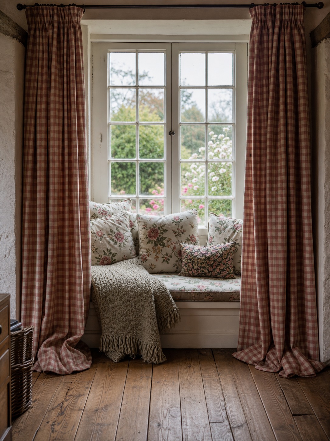 English cottage window seat with floral cushions wool throw gingham curtains and small-paned garden window English cottage window seat with floral cushions, wool throw, gingham curtains, and small-paned garden window. | Sky Rye Design English cottage window seat with floral cushions, wool throw, gingham curtains, and small-paned garden window.