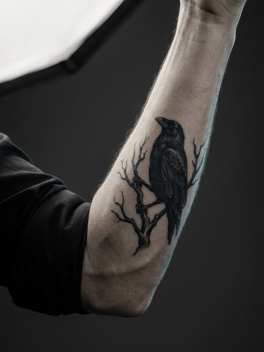 Raven in profile on a man's forearm.