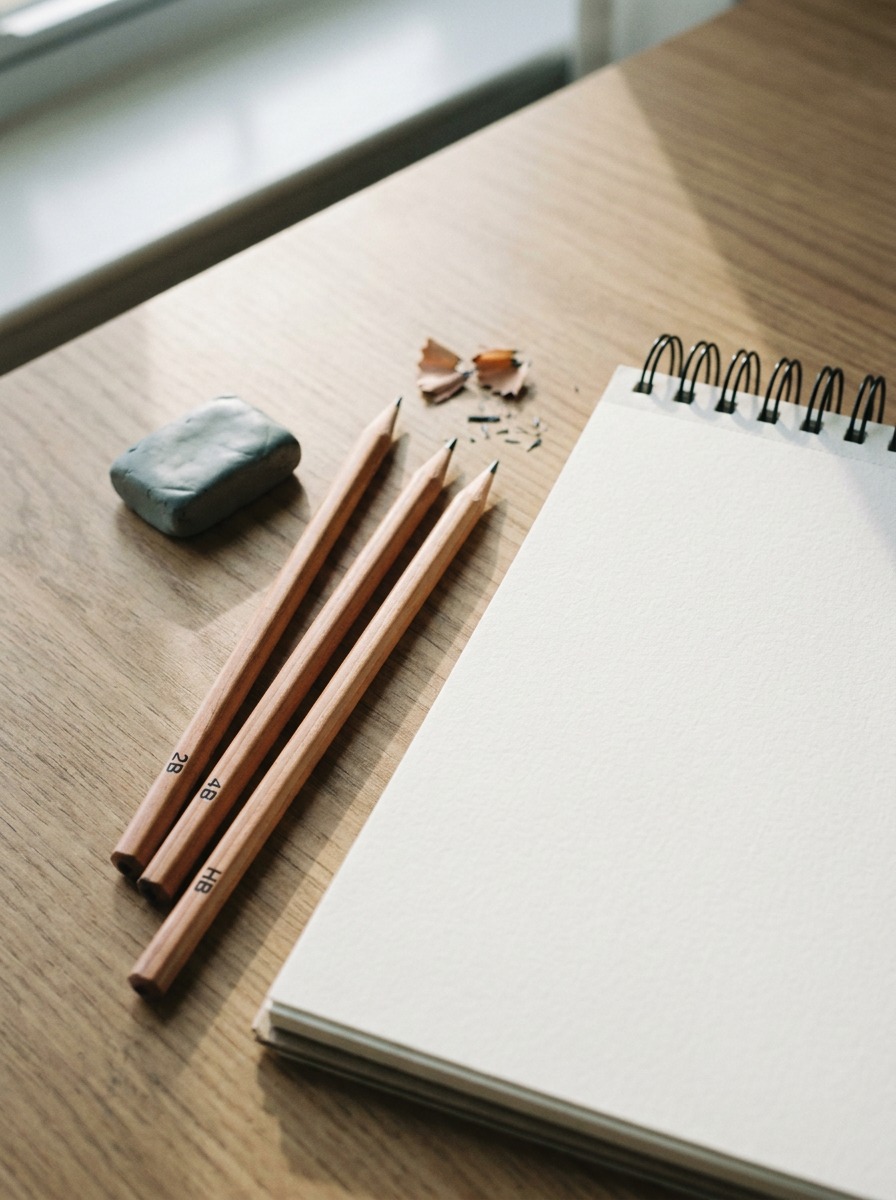 Pencil kit for bunny drawing Three drawing pencils, kneaded eraser, and sketchbook arranged for a bunny drawing tutorial. | Sky Rye Design Three drawing pencils, kneaded eraser, and sketchbook arranged for a bunny drawing tutorial.