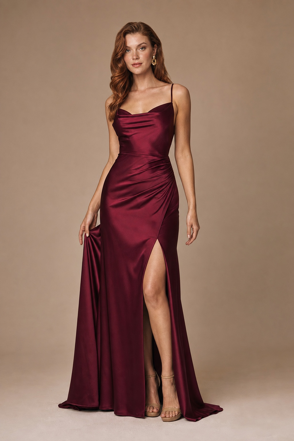 Burgundy satin evening gown in studio Adult model in a deep burgundy satin evening gown photographed in a minimal studio | Sky Rye Design Adult model in a deep burgundy satin evening gown photographed in a minimal studio