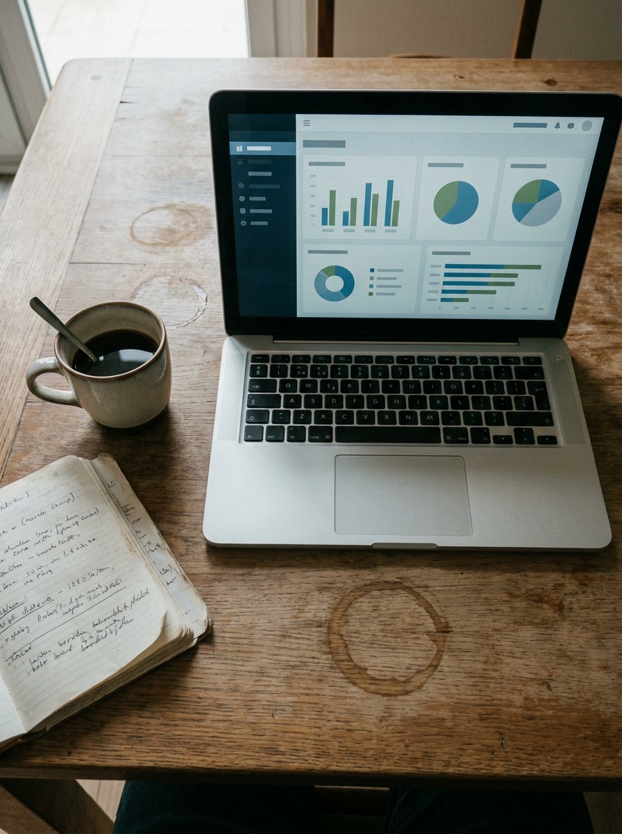 Delivery performance dashboard on a desk A laptop showing a delivery performance dashboard beside a coffee cup and notebook. | Sky Rye Design A laptop showing a delivery performance dashboard beside a coffee cup and notebook.