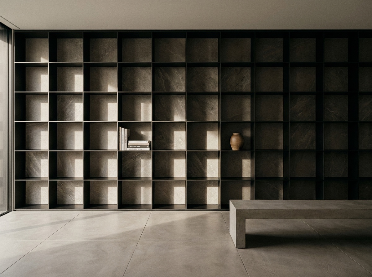 Blackened-steel shelving, floor scoring lines, and a monolithic bench aligned to a repeating architectural module.