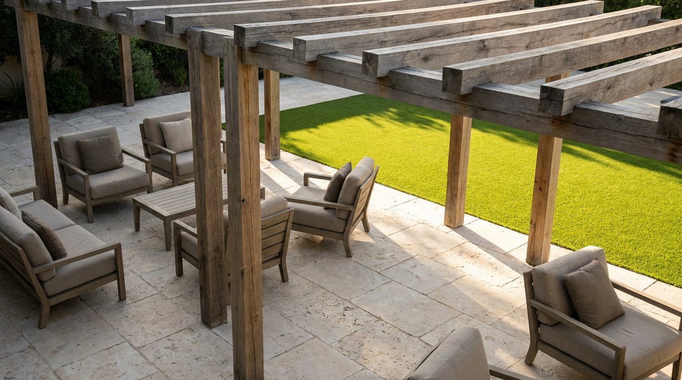 09-shaded-seating-area-lighter-hardscape Shaded outdoor seating area with light-colored stone paving and a pergola, a sunlit turf zone visible beyond | Sky Rye Design Shaded outdoor seating area with light-colored stone paving and a pergola, a sunlit turf zone visible beyond