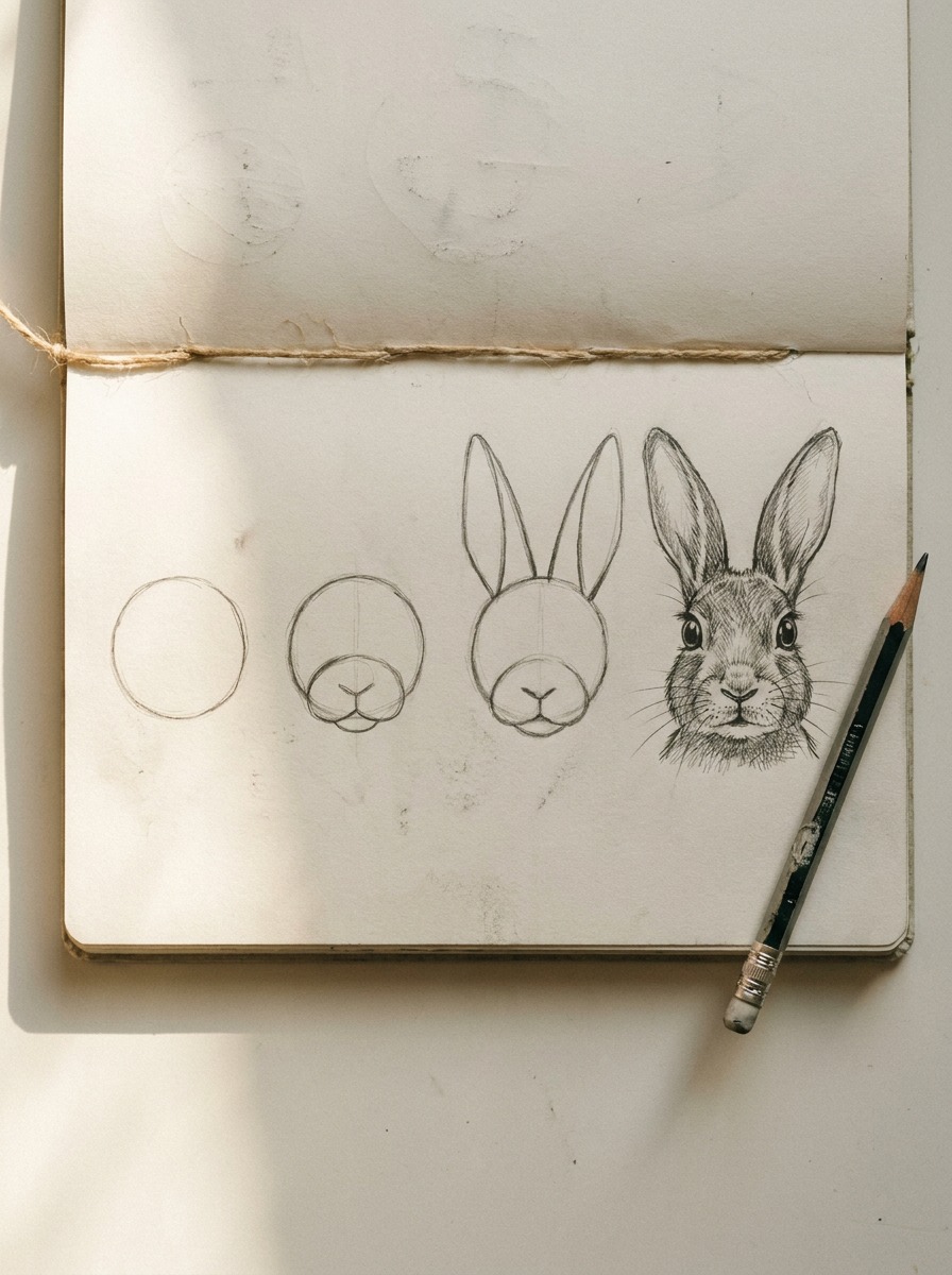 Bunny face construction sequence Four small sketches showing how to build a bunny face from skull circle to finished shaded drawing. | Sky Rye Design Four small sketches showing how to build a bunny face from skull circle to finished shaded drawing.