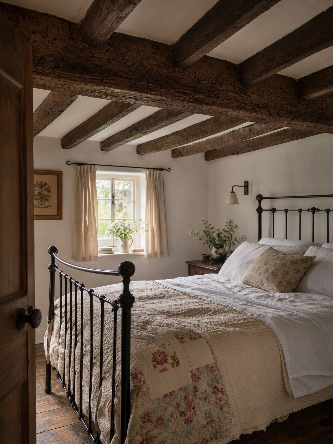 English cottage bedroom with dark reclaimed timber ceiling beams iron bed layered quilts and morning window light English cottage bedroom with dark reclaimed timber ceiling beams, iron bed, layered quilts, and morning window light. | Sky Rye Design English cottage bedroom with dark reclaimed timber ceiling beams, iron bed, layered quilts, and morning window light.