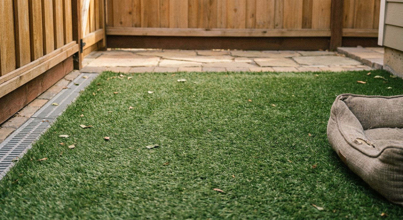 10-pet-zone-synthetic-turf-drainage-edge Dedicated pet run with synthetic turf and a visible drainage edge along one side | Sky Rye Design Dedicated pet run with synthetic turf and a visible drainage edge along one side
