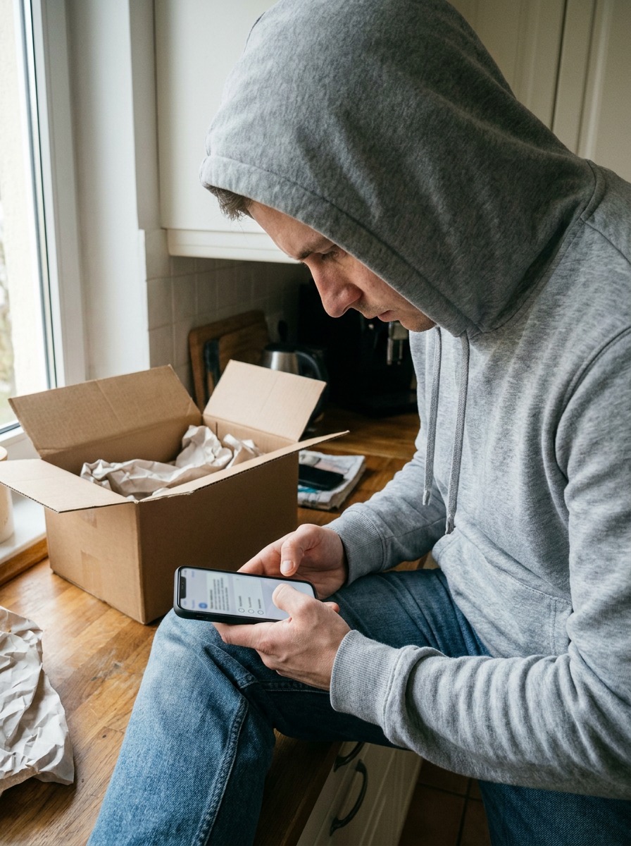 Post-delivery satisfaction survey notification A person checking a post-delivery satisfaction survey notification near an opened box. | Sky Rye Design A person checking a post-delivery satisfaction survey notification near an opened box.