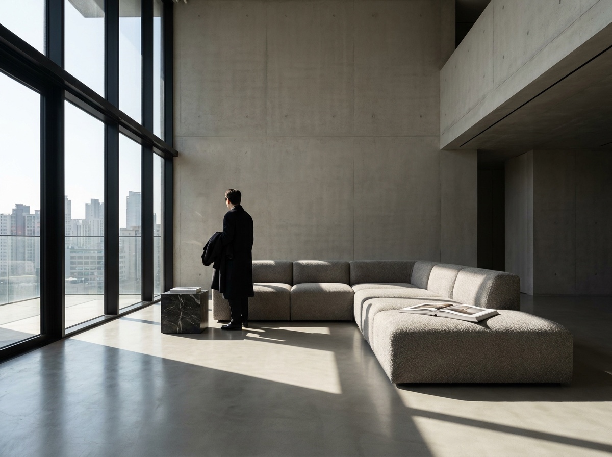 A person standing beside an oversized modular sofa in a double-height modern living room, showing how human scale reads inside a large space.