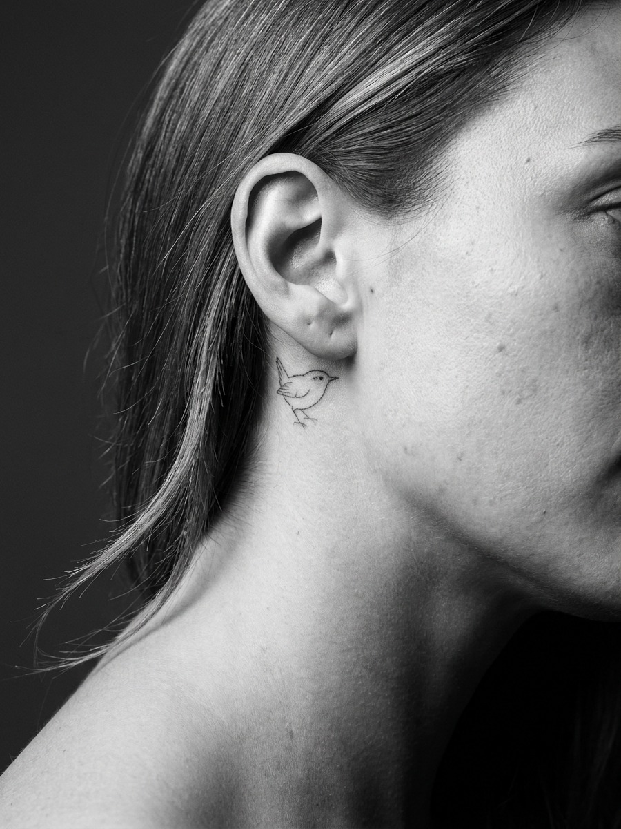 Tiny fine-line wren outline on a woman's ear and jawline in profile.