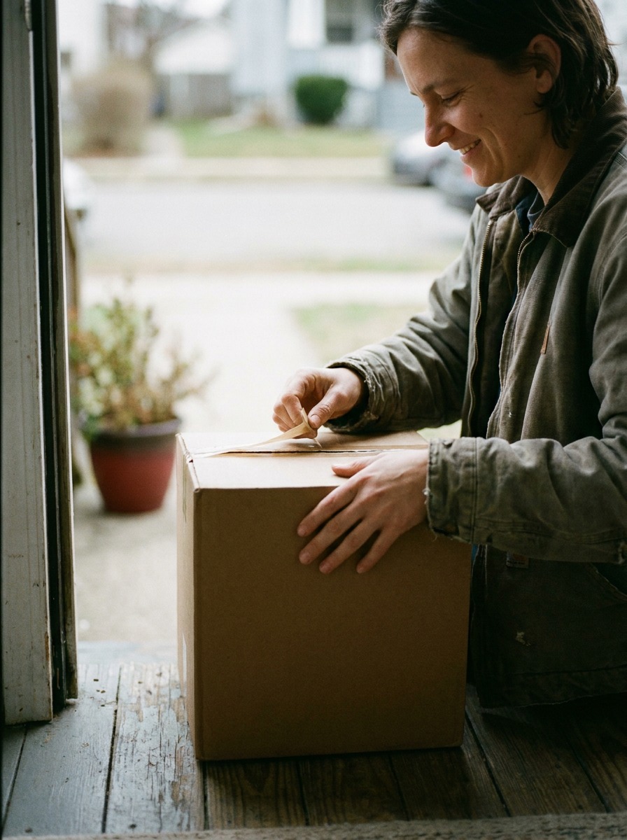 Customer opening a delivered package A person smiling softly while opening a delivered package on a doorstep. | Sky Rye Design A person smiling softly while opening a delivered package on a doorstep.