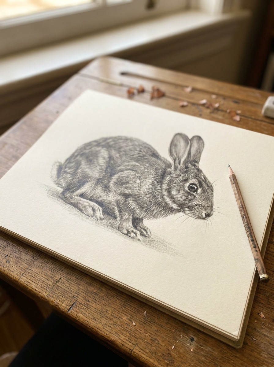 Finished realistic bunny pencil drawing Finished realistic pencil drawing of a crouching rabbit with detailed fur shading and a bright eye catchlight. | Sky Rye Design Finished realistic pencil drawing of a crouching rabbit with detailed fur shading and a bright eye catchlight.