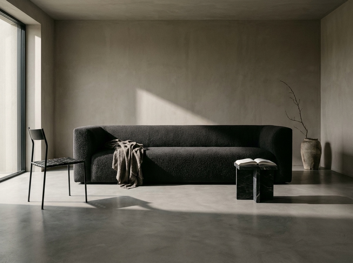 A large anchor sofa balanced by smaller supporting chairs and stone stools in a modern living room.