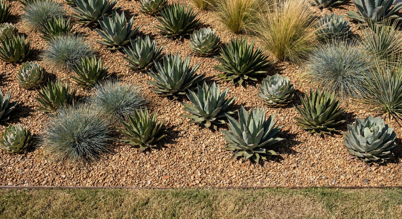 11-xeriscape-bed-drought-tolerant-planting Close-up of a xeriscape garden bed with succulents, ornamental grasses and gravel mulch beside a small turf border | Sky Rye Design Close-up of a xeriscape garden bed with succulents, ornamental grasses and gravel mulch beside a small turf border