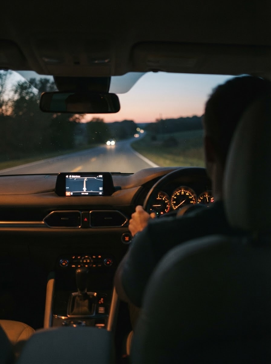Closing drivers eye view dashboard glow on the open road View from behind the driver toward a glowing dashboard and open road at dusk. | Sky Rye Design View from behind the driver toward a glowing dashboard and open road at dusk.