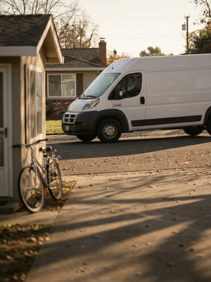 Delivery van leaving a driveway A delivery van pulling away from a residential driveway at golden hour. | Sky Rye Design A delivery van pulling away from a residential driveway at golden hour.
