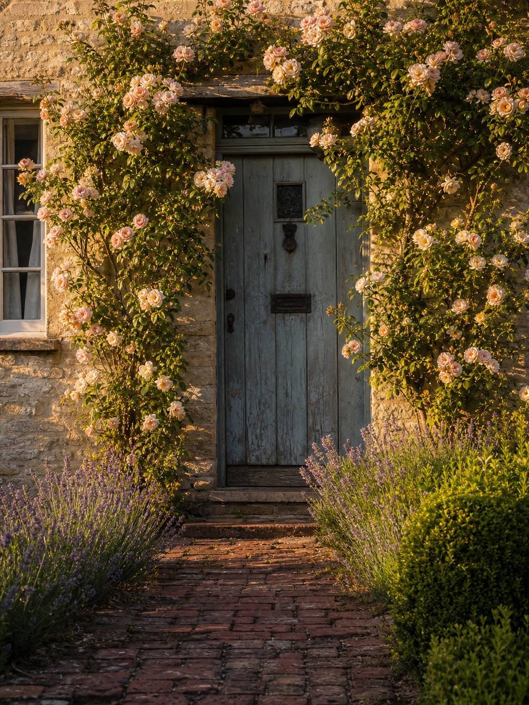Stone cottage entrance with climbing roses weathered wooden front door brick path and lavender border Stone cottage entrance with climbing roses, weathered wooden front door, brick path, and lavender border. | Sky Rye Design Stone cottage entrance with climbing roses, weathered wooden front door, brick path, and lavender border.