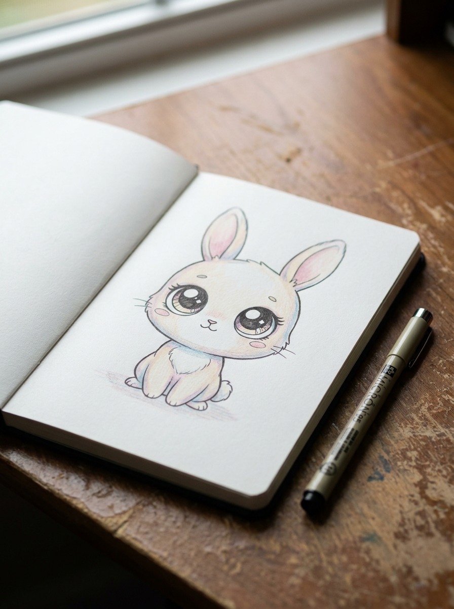 Finished kawaii bunny illustration Finished kawaii bunny illustration with clean ink outlines, large eyes, and soft pastel colored-pencil shading. | Sky Rye Design Finished kawaii bunny illustration with clean ink outlines, large eyes, and soft pastel colored-pencil shading.