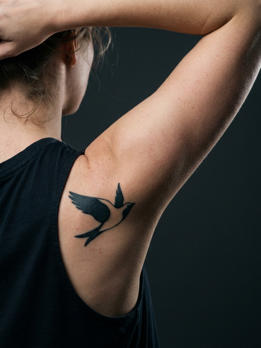 Negative-space bird design on a woman's shoulder.