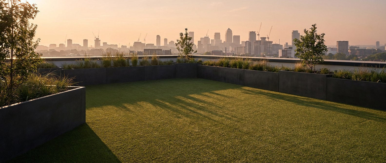 12-roof-terrace-synthetic-turf Roof terrace with a synthetic turf section, built-in perimeter planters and a soft city skyline in the background | Sky Rye Design Roof terrace with a synthetic turf section, built-in perimeter planters and a soft city skyline in the background